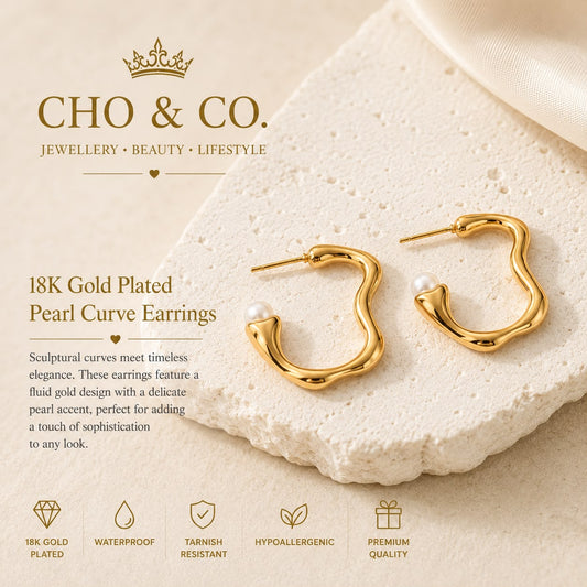 18 K Gold Plated Pearl Curve Earrings